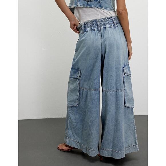 Free People Out Of Office Women’s Wide Leg Cargo Jeans Size M Comfort Boho - Picture 6 of 15
